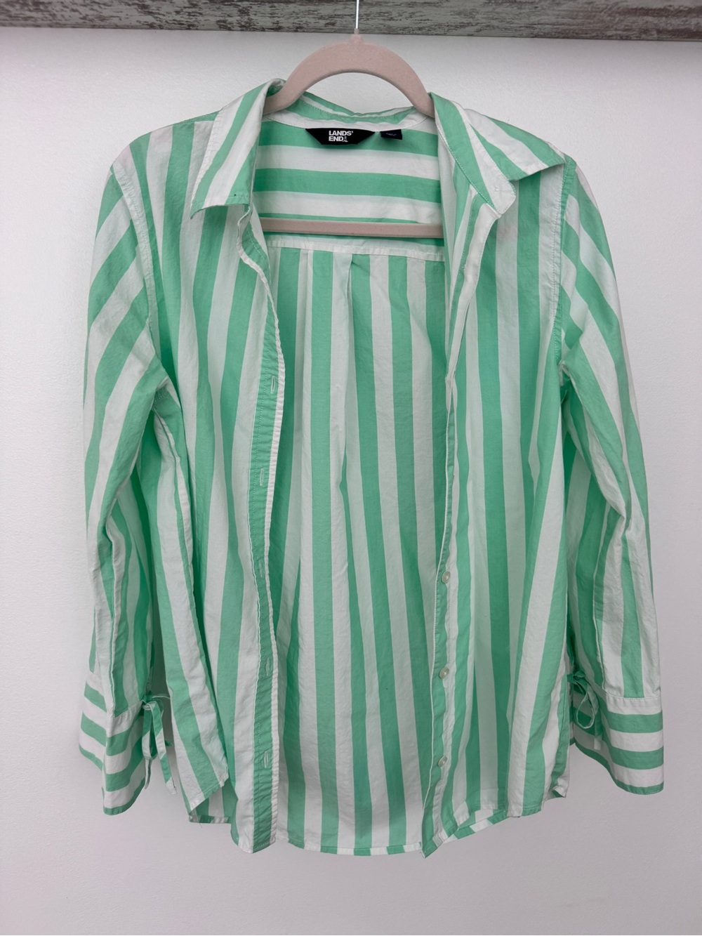 Lands' End Bright Green and White Cotton Striped Button-Down Shirt. Size M.